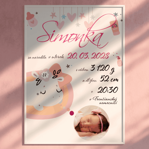 Pamätná tabuľka pre novorodenca s údajmi o narodení